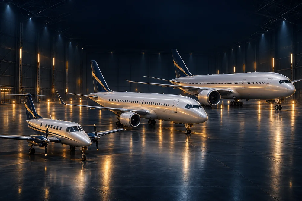 Illustrative turboprop and passenger jets in an illuminated hangar.
