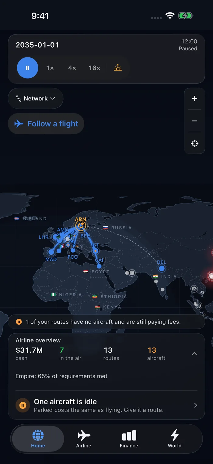 Actual Airline Empire gameplay: an airline network on the world map.