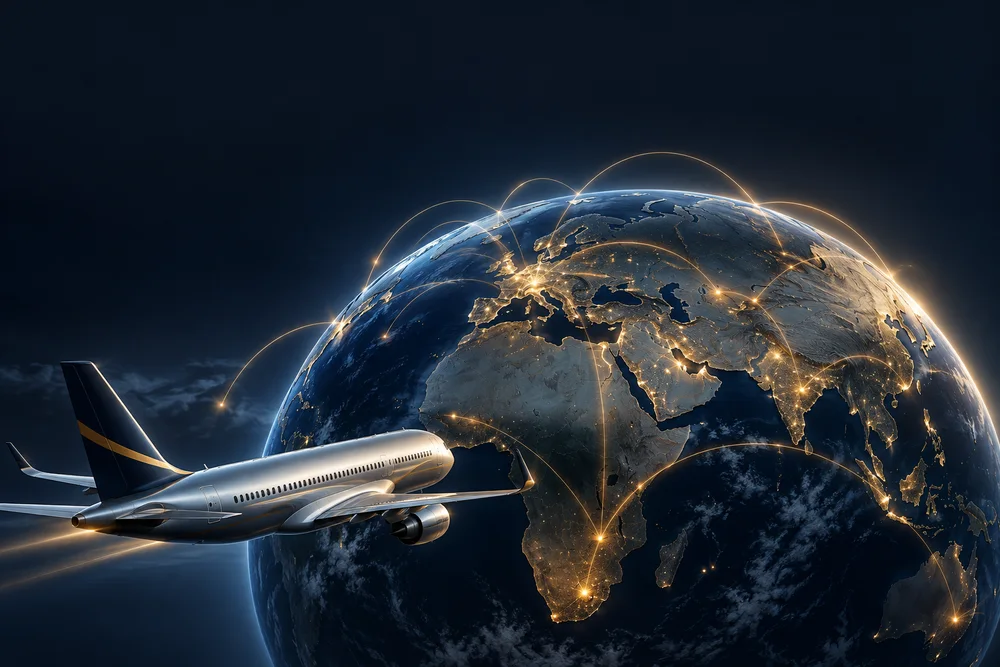 Illustrated globe with glowing flight connections.