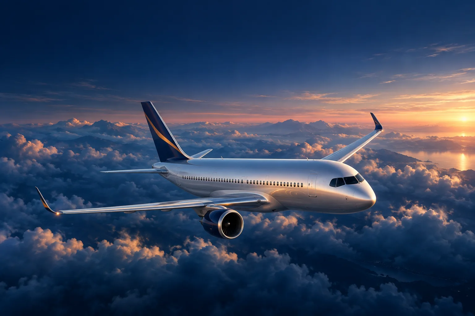 A silver airliner above golden clouds at blue hour.