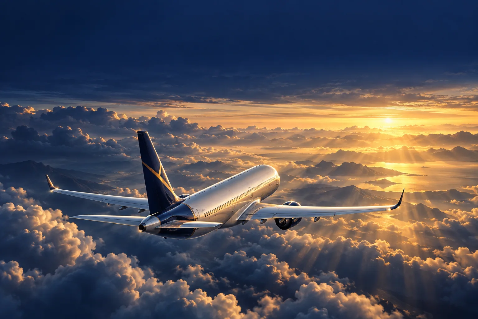 A passenger jet climbing into a golden sunrise.
