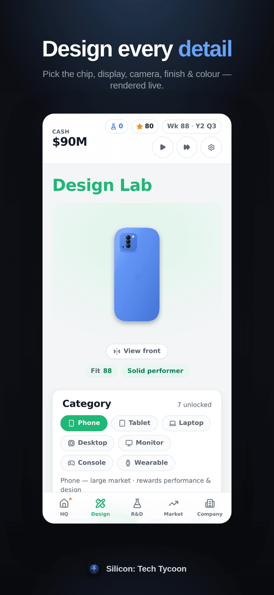 The Design Lab — pick the chip, display, camera, finish and colour, with the device rendered live.