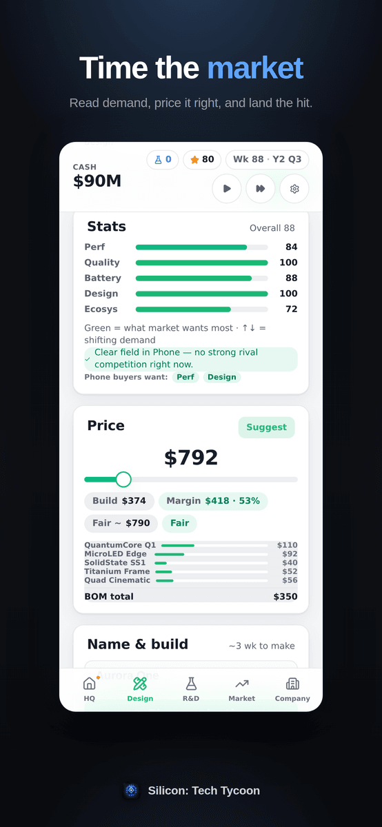 Plan production and launch — choose a run size and a marketing campaign, then time the market.