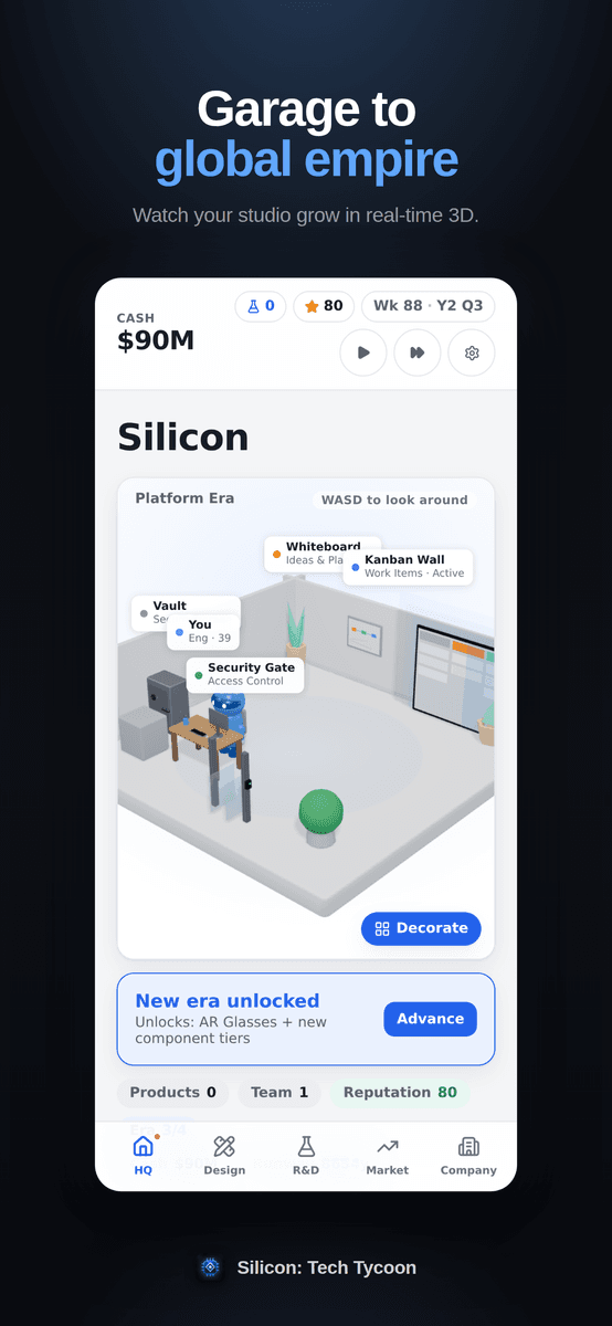Your HQ in 3D — staff with specialties and moods, a decoratable office, and live finances.
