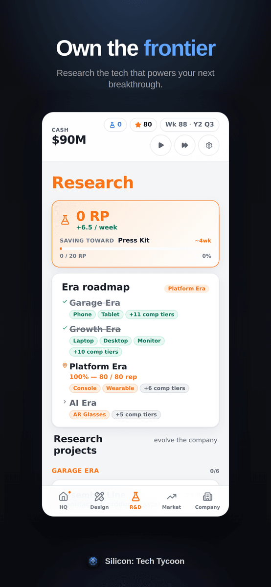Research the frontier across six disciplines to unlock components rivals can't build.