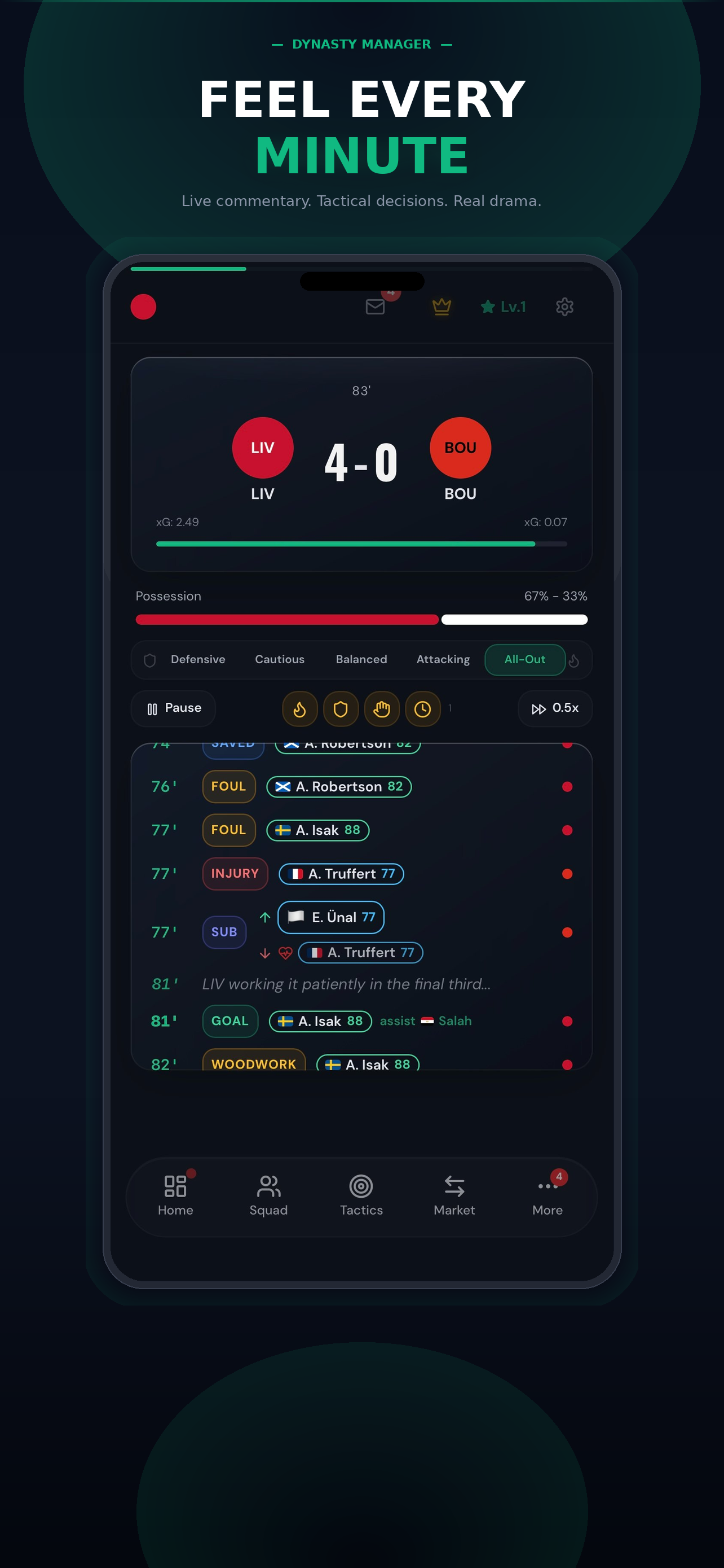 Dynasty Manager live match engine — minute-by-minute simulation with events and substitutions.
